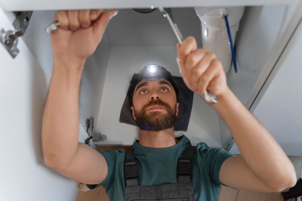 High angle man working as plumber<br />